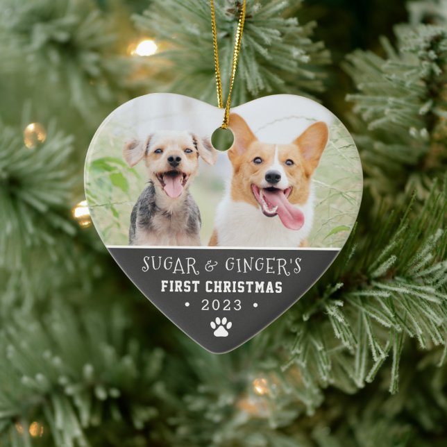  Pet's First Christmas Paw Print Charcoal Photo Ceramic Ornament (Tree)