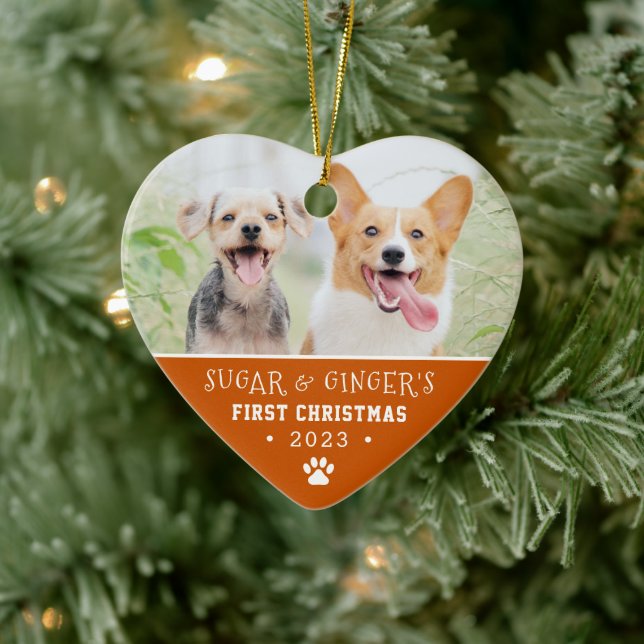 Pet's First Christmas Paw Print Orange Photo Ceramic Ornament (Tree)