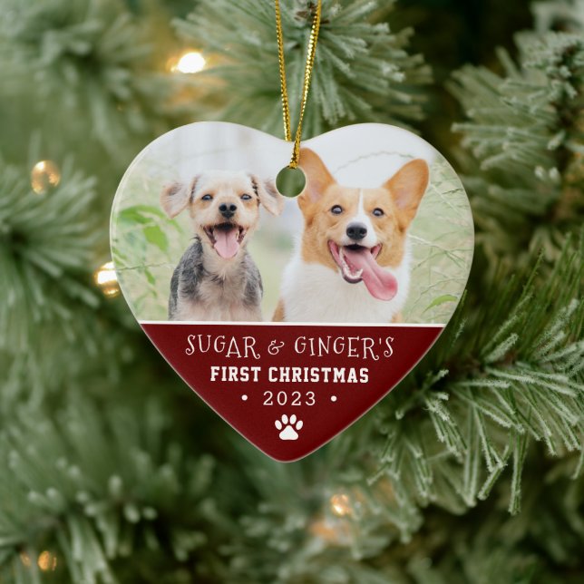  Pet's First Christmas Paw Print Red Photo Ceramic Ornament (Tree)