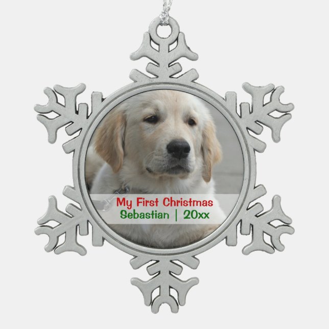 Pet's First Christmas Personalized Photo Template Snowflake Pewter Christmas Ornament (Front)