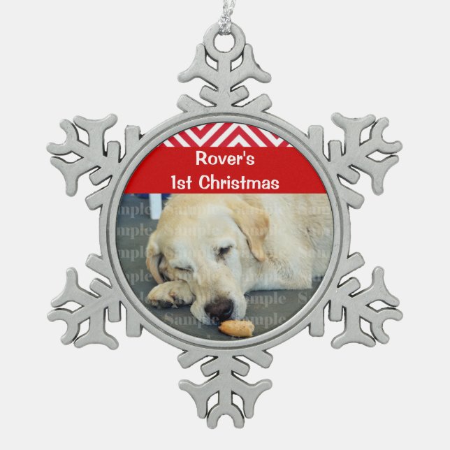 Pets first christmas photo PERSONALIZE Snowflake Pewter Christmas Ornament (Front)