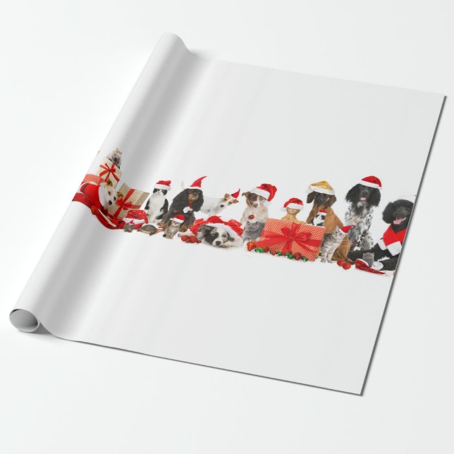 Pets in Santa hats Christmas Wrapping Paper (Unrolled)