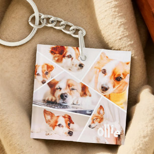 Pets Modern Simple Custom 6 Images Collage Photo Keychain
