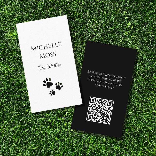 Pets Paw Prints QR code Black White Dog Walker  Business Card (Creator Uploaded)