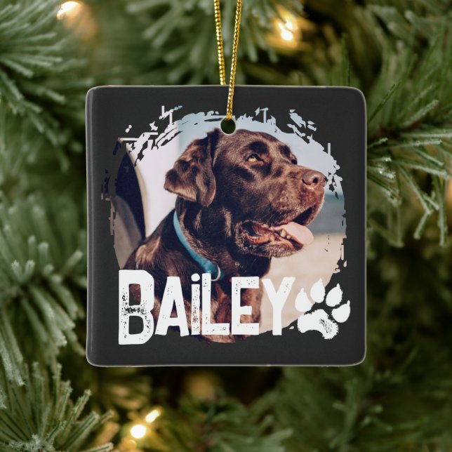 Pet's Simple Modern Cool Grunge Name and Photo Ceramic Ornament (Tree)