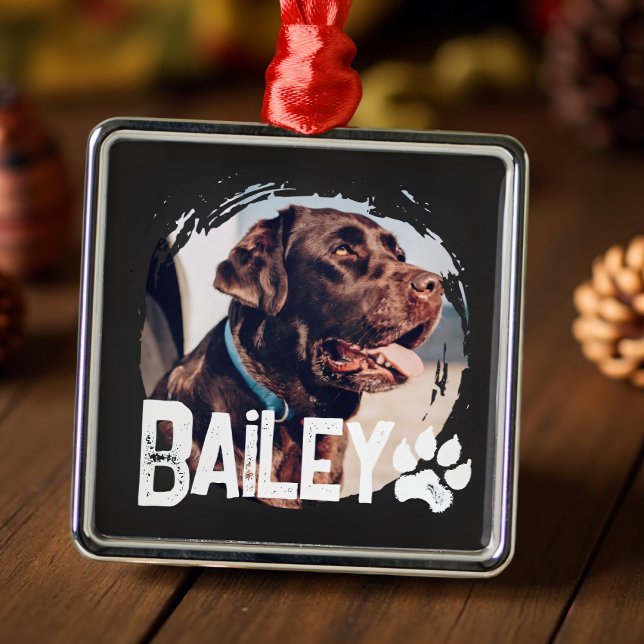 Pet's Simple Modern Cool Grunge Name and Photo Metal Ornament (Creator Uploaded)