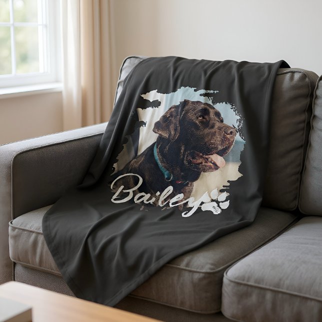 Pet's Simple Modern Cool Typography Name and Photo Fleece Blanket (Creator Uploaded)