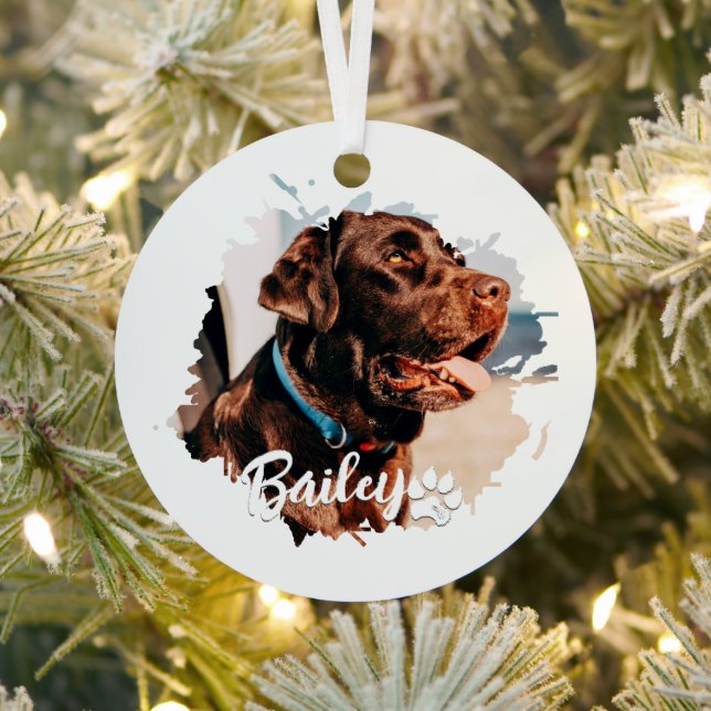 Pet's Simple Modern Cool Typography Name and Photo Metal Ornament (Insitu)