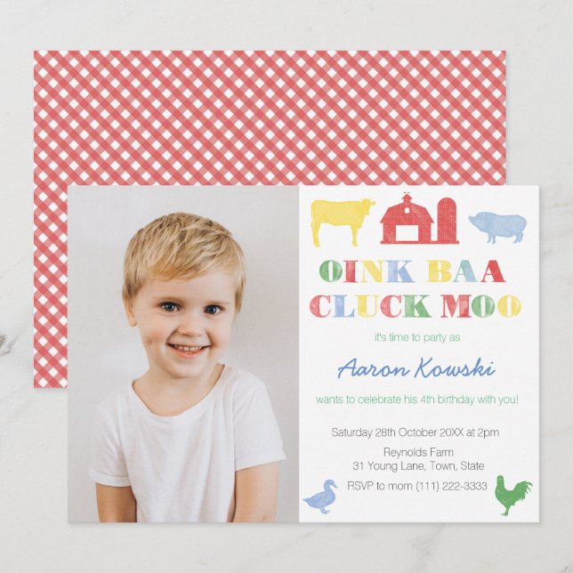 Petting Zoo Birthday Party For Boy, Farm Animals Invitation (Front/Back)