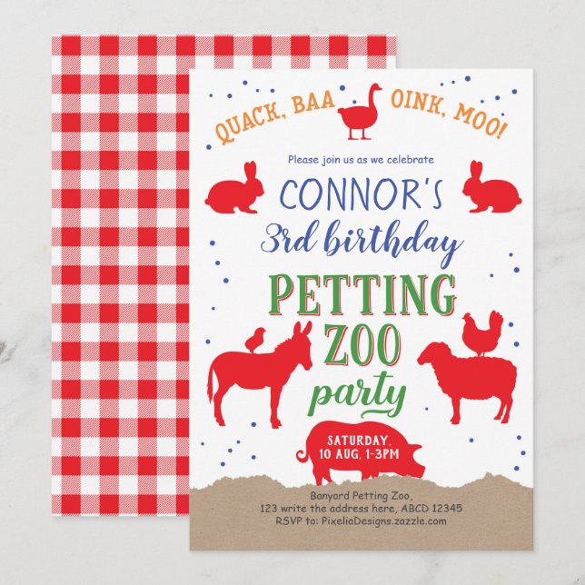 Petting zoo, Boy, Banyard Farm Animal Birthday Invitation (Front/Back)