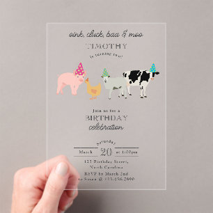 Petting Zoo Party Animals Barnyard Birthday Kids Acrylic Invitations