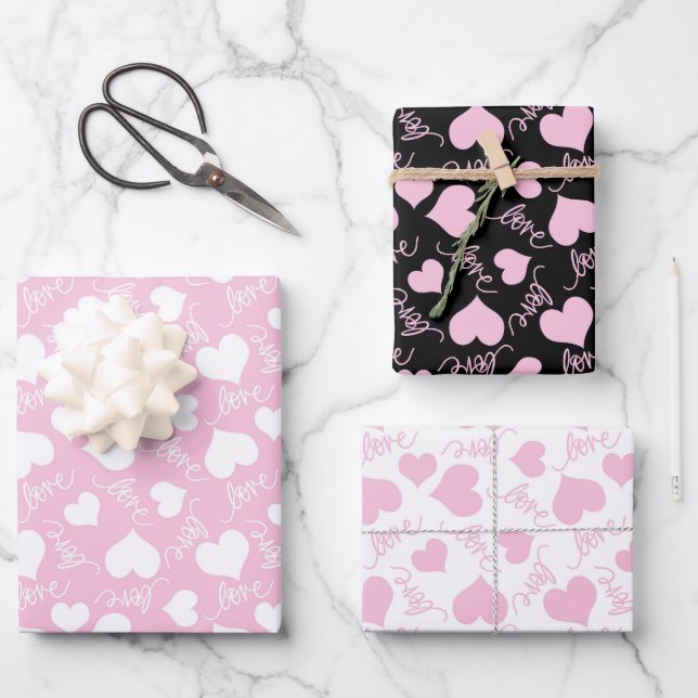 Petty Cute White & Pink Hearts Valentine's Day Wrapping Paper Sheet (Front)
