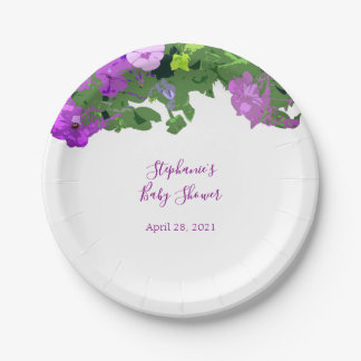 Petunia Floral Eggplant Purple Baby Shower Custom Paper Plate