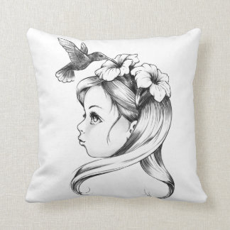 Petunia in a fairy girl's hair, hummingbirds drink throw pillow