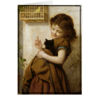 Peu de fille toscane avec le chaton et l'oiseau