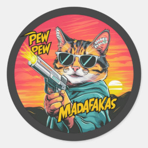 Pew Pew Madafakas - sun set style and funny cat Classic Round Sticker