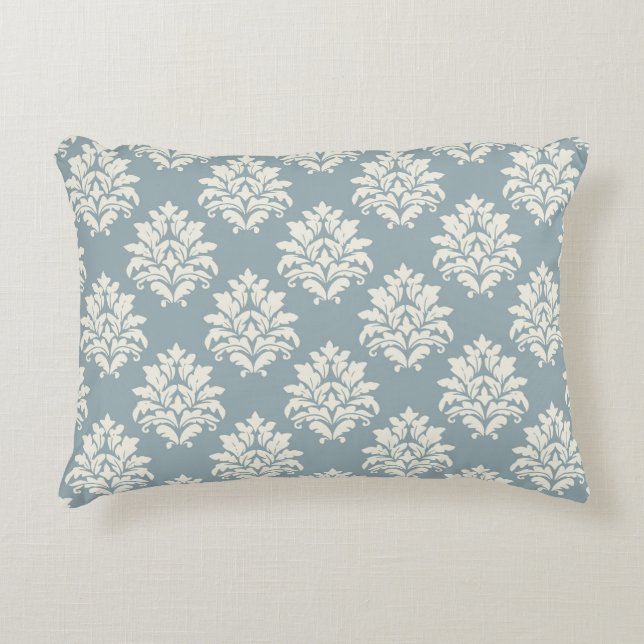 Pewter Blue and Alabaster Damask Accent Pillow (Front)