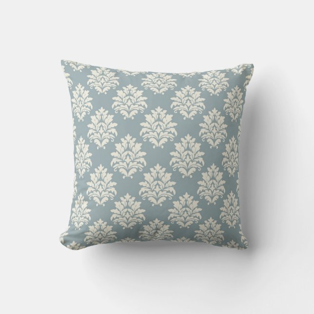 Pewter Blue and Alabaster Damask Throw Pillow (Front)