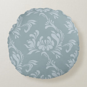 Pewter Blue and Zinc Damask Round Accent Pillow