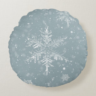 Pewter Blue Snowflake Round Winter Pillow