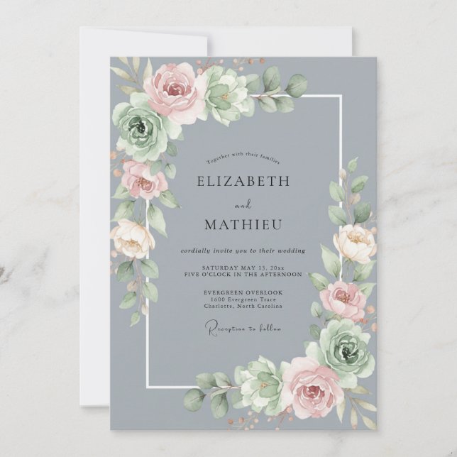 Pewter Blush Petal Wedding Invitation (Front)