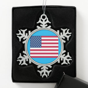 Pewter Christmas Snowflake American Flag Ornament