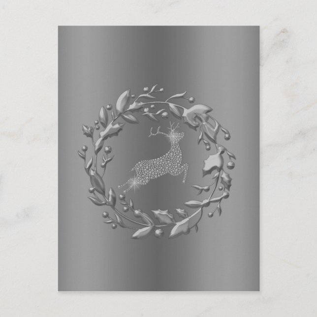 Pewter Christmas Wreath and Reindeer Holiday Postcard (Front)