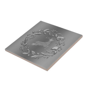 Pewter Christmas Wreath and Reindeer Tile