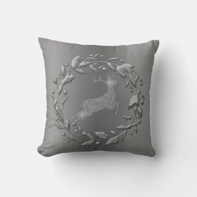 Pewter Reindeer and Wreath Christmas Throw Pillow (Front)