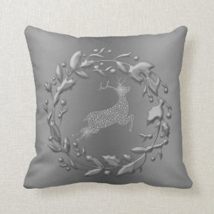 Pewter Reindeer and Wreath Christmas Throw Pillow