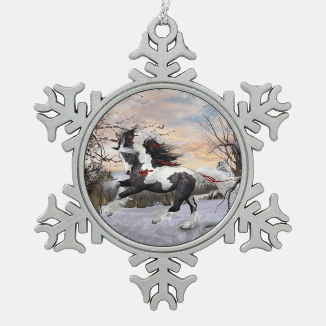 Pewter Snowflake Gypsy Vanner Horse Ornament (Front)