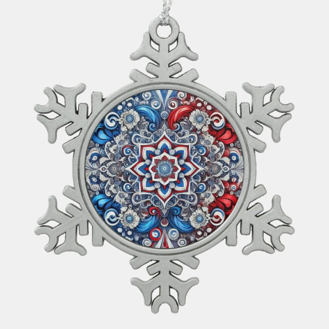 Pewter Snowflake Ornament with French Colours (Front)
