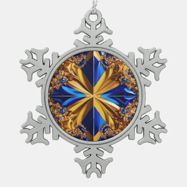 Pewter Snowflake Ornament with Sweden Colours (Front)