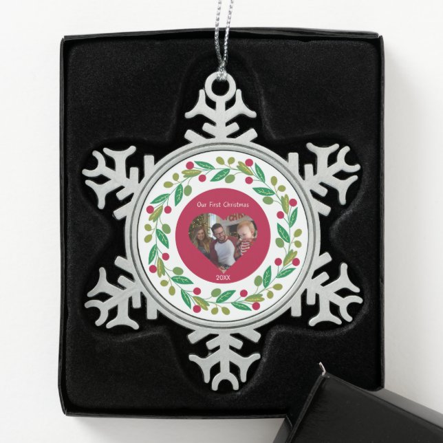 Pewter Snowflake - Our First Christmas -Photo/Date Ornament (Box)