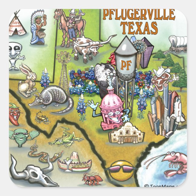 Pflugerville Texas Cartoon Map Square Sticker (Front)
