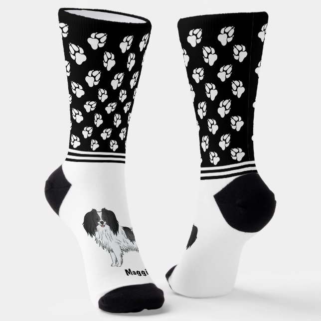 Phalène Black And White With Personalized Pet Name Socks (Angled)