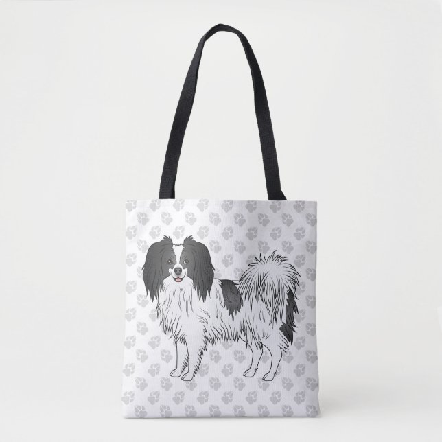 Phalène Dog With Black On Grey Paw Print Pattern Tote Bag (Front)