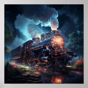 Phantasmal Iridescent Ghost Steam Train Floating - Poster