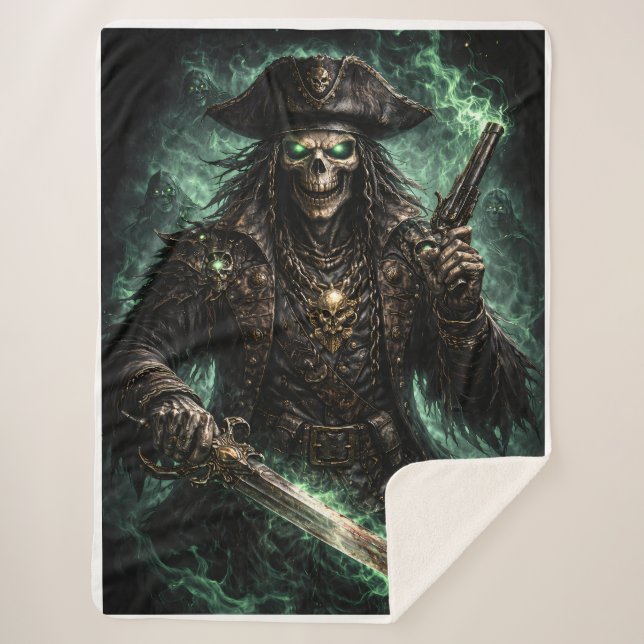 Phantom Pirate Skull – Dark Fantasy Reaper Fleece Sherpa Blanket (Front)