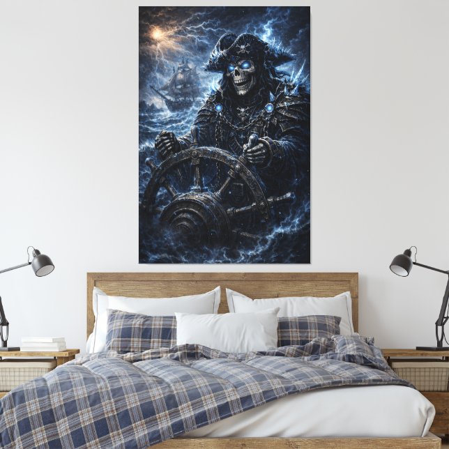 Phantom Skull Captain at the Helm – Blue Storm Got Canvas Print (Insitu(Bedroom))