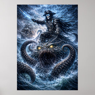 Phantom Skull Captain Riding the Sea Beast – Blue Poster
