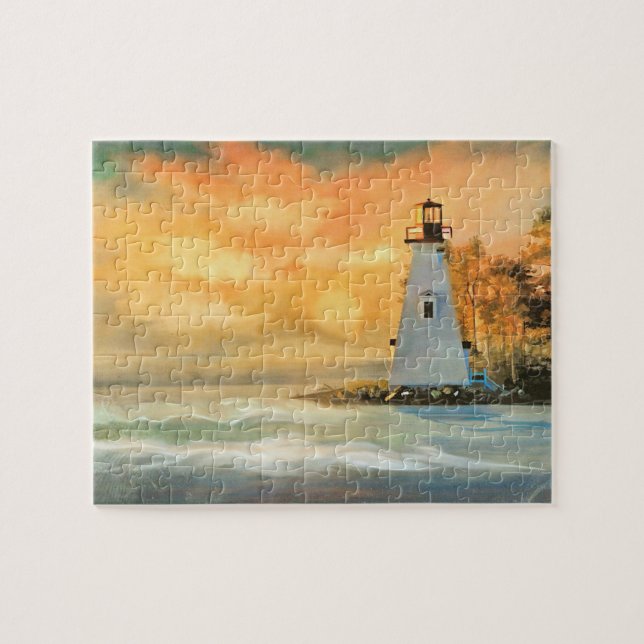 Phare blanc et puzzle de coucher de soleil (Horizontal)