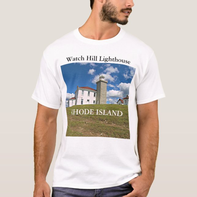 Phare de colline de montre, T-shirt d'Île de Rhode (Devant)