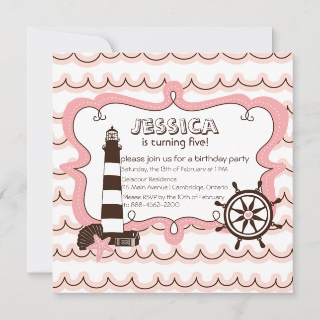 Phare Nautique Rose Invitation Anniversaire (Devant)