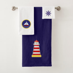 Phare, yacht et barre sur fond bleu marine et blan