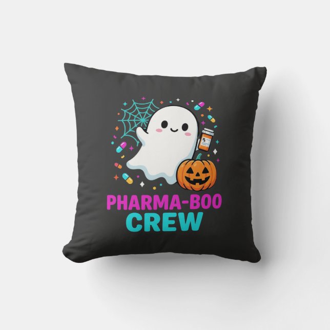 Pharmacist Halloween Pharma-Boo Crew Ghost Design_ Throw Pillow (Front)