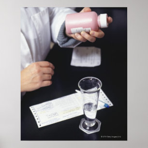 Pharmacist holding medicine bottle, close-up, poster