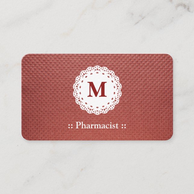 Pharmacist Lace Monogram Maroon Business Card (Front)