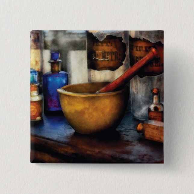 Pharmacist - Mortar and Pestle 2 Inch Square Button (Front)