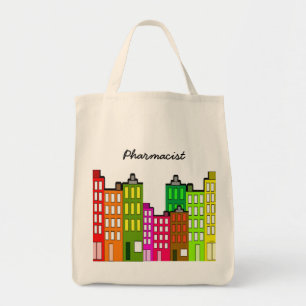 Pharmacist Tote Whimsical Retro Buildings Art